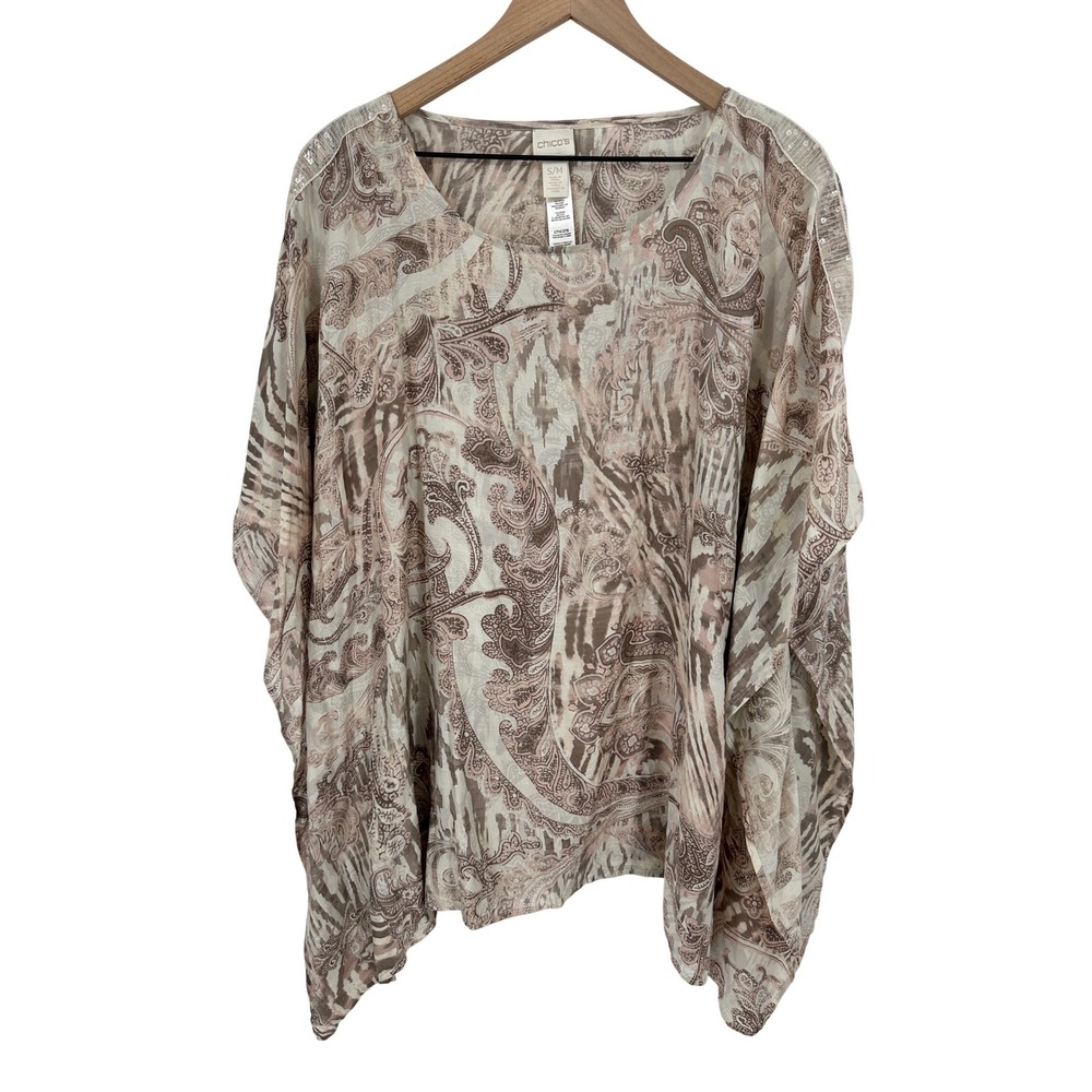 Chico's Topper Kimono Women S/M Brown Paisley Silk Blend Sequin Boho Lightweight